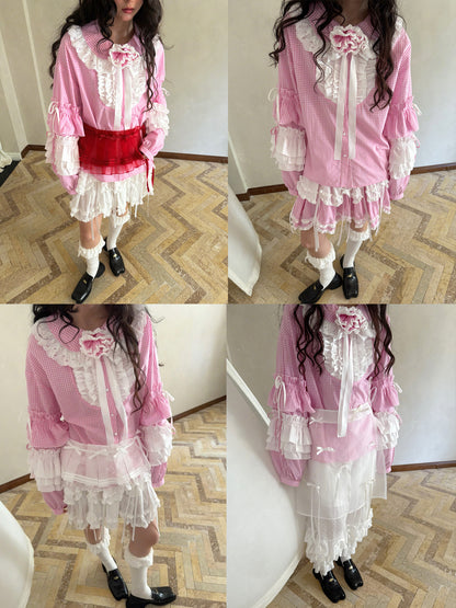 Pink checkered lace trim long-sleeved shirt【s0000012761】