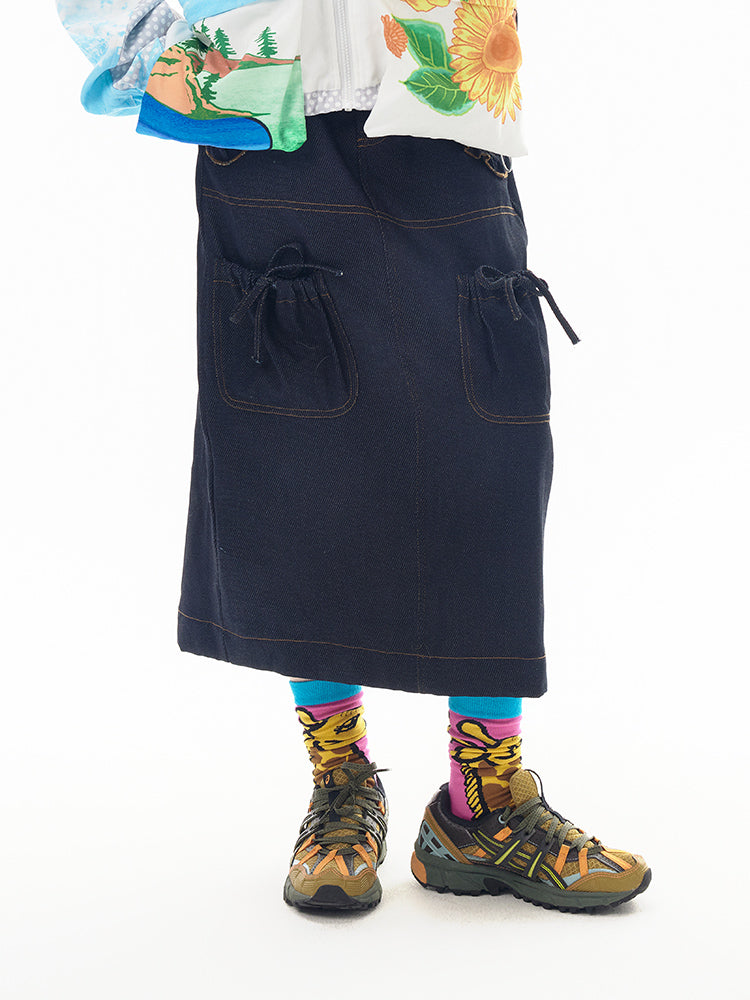 Ruffled Lace Denim Multi Pocket Midi Skirt【s0000011744】