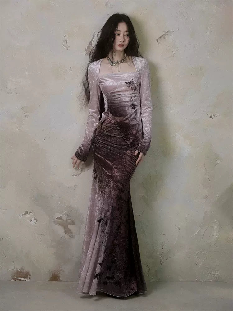 Gradient butterfly velvet top and skirt【s0000006402】