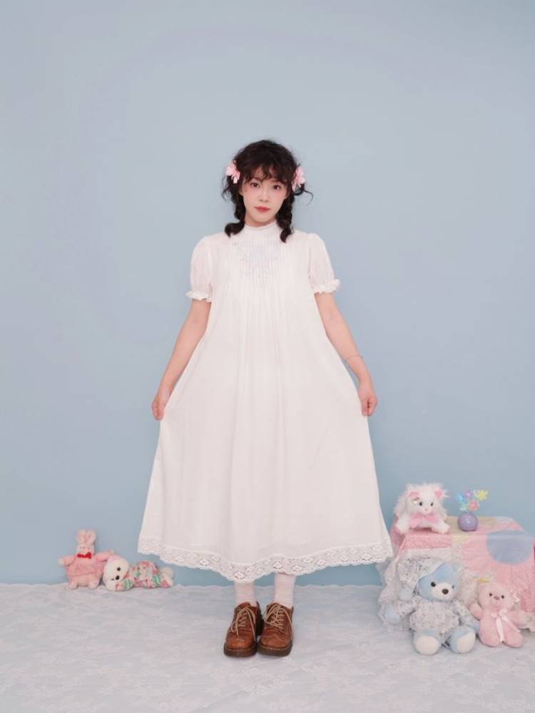 Antique girly pleated embroidery white dress【s0000009498】