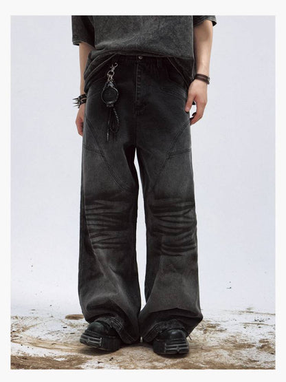Washed distressed straight jeans【s0000009196】