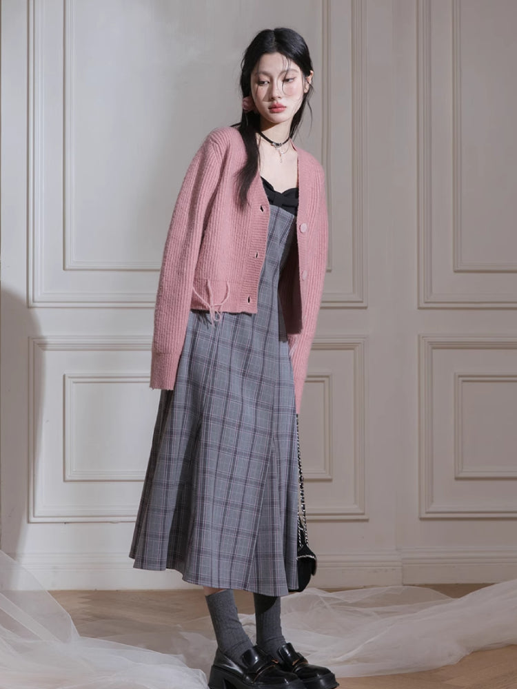 Plaid dress + pullover shirt set【s0000007222】