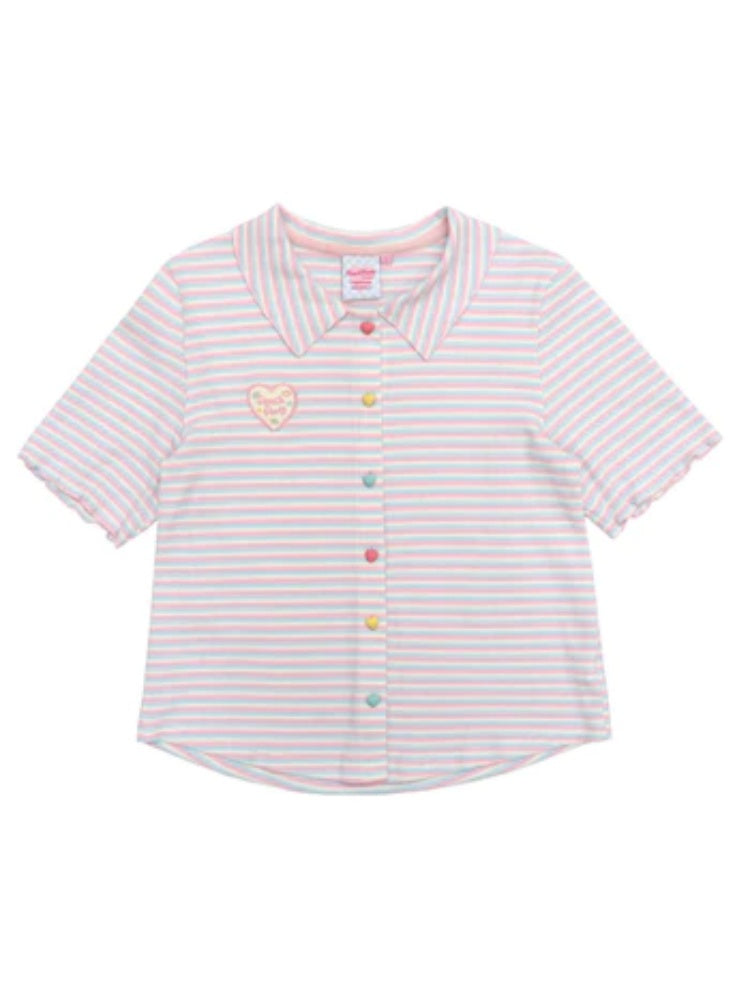 Colorful Knit Stripe Heart Button Short Sleeve T-shirt【s0000002367】