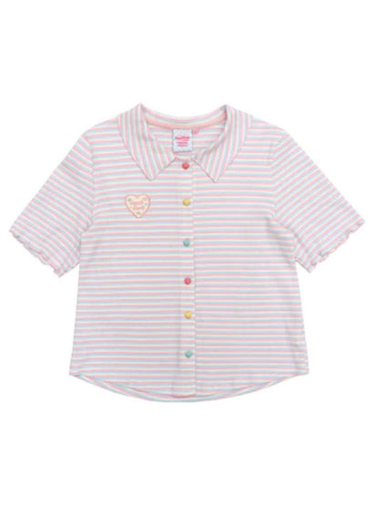 Colorful Knit Stripe Heart Button Short Sleeve T-shirt【s0000002367】