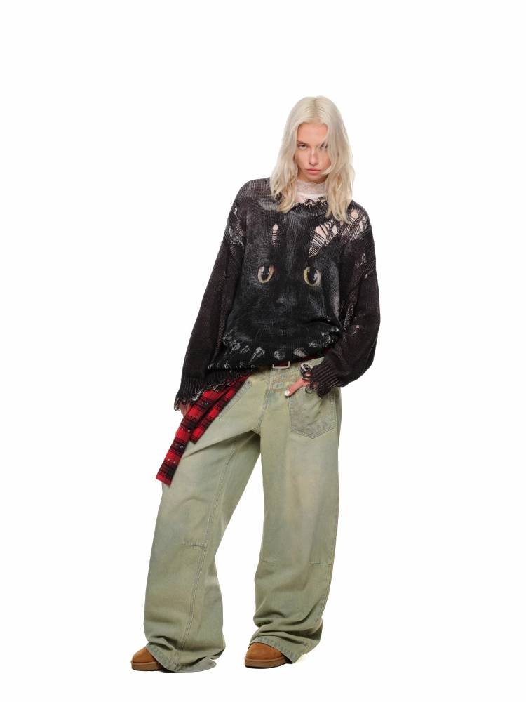 Cat print round neck loose top【s0000011374】