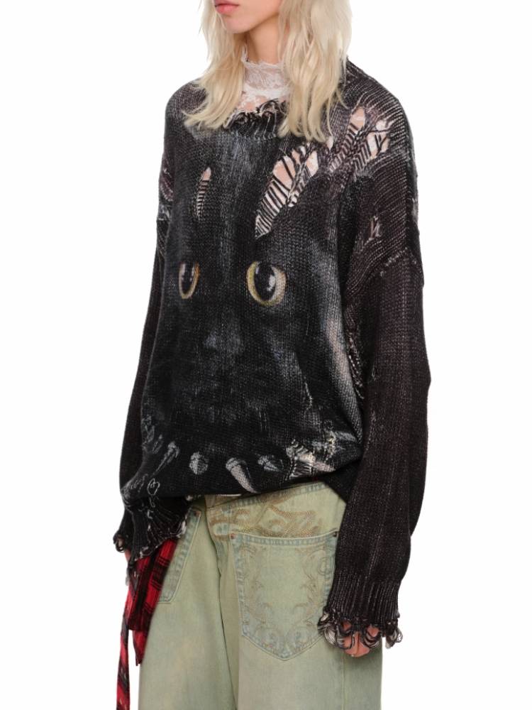 Cat print round neck loose top【s0000011374】