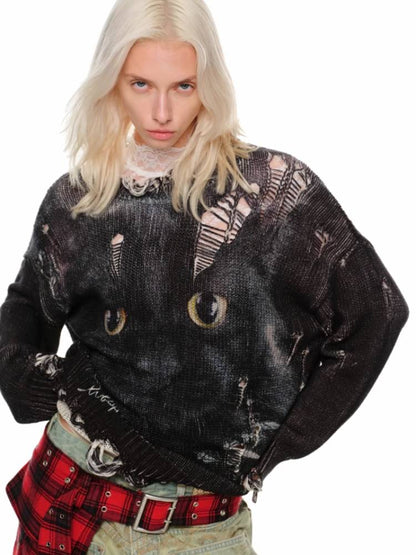 Cat print round neck loose top【s0000011374】