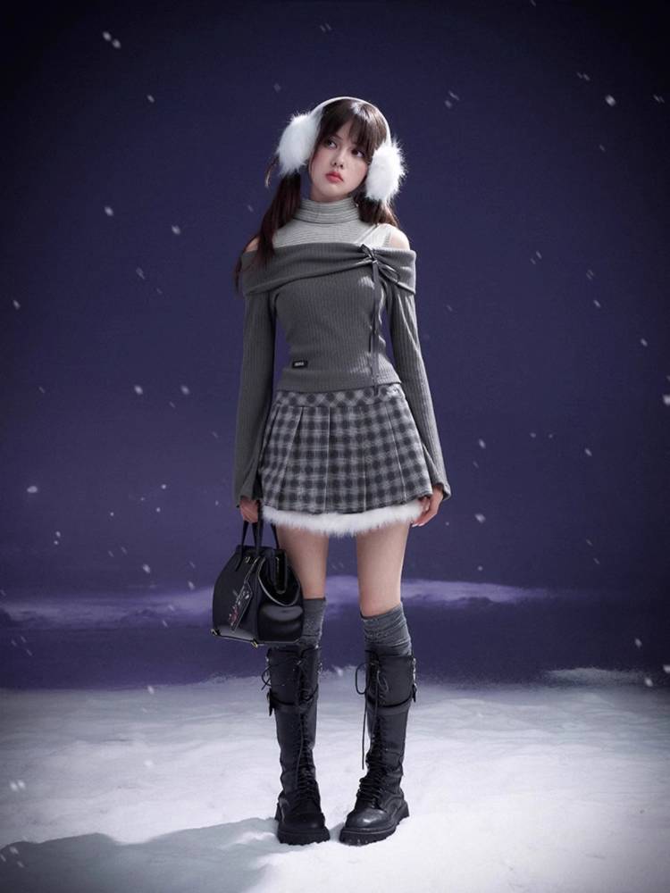 One-shoulder fake two-piece knit top【s0000011278】