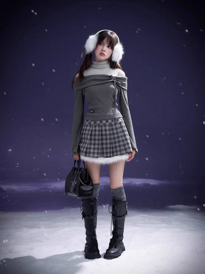 One-shoulder fake two-piece knit top【s0000011278】