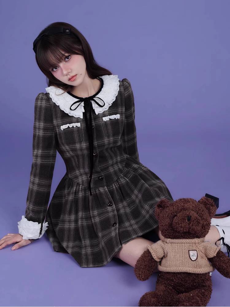 Lace collar long sleeve dress【s0000011656】