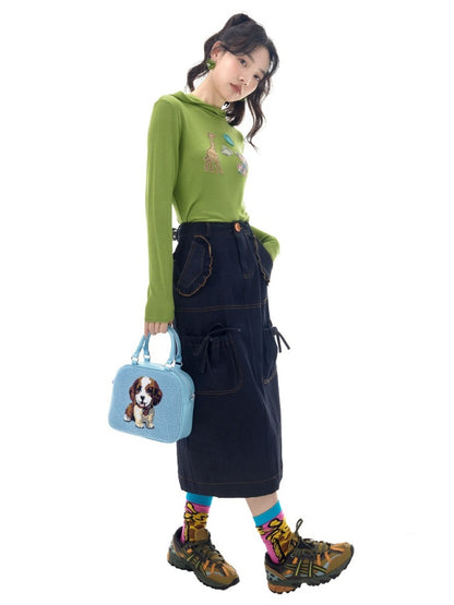 Ruffled Lace Denim Multi Pocket Midi Skirt【s0000011744】