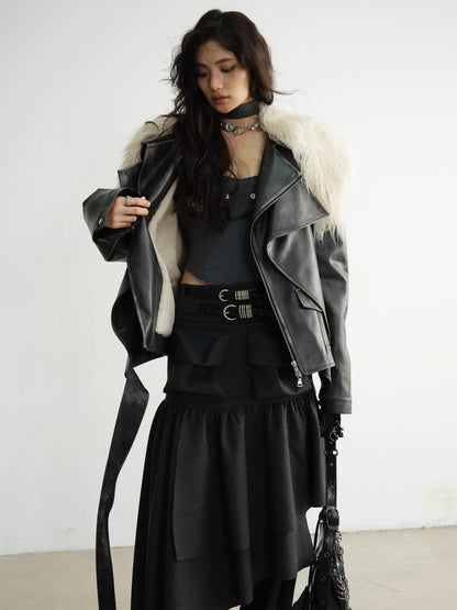 FAKE TWO PIECE PU Leather FUR JACKET [S0000010925]