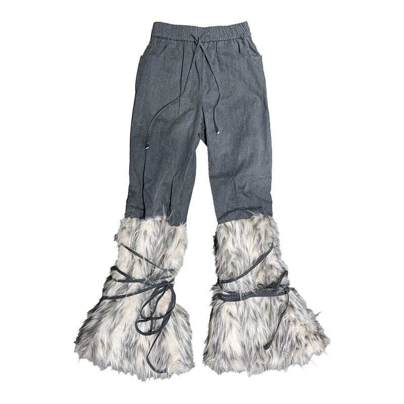 Snow Monster Sleeve Faux Wool Drawstring Leg Loose Washed Jeans【s0000014219】