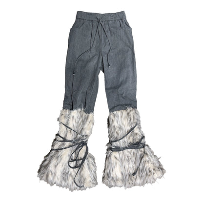 Snow Monster Sleeve Faux Wool Drawstring Leg Loose Washed Jeans【s0000014219】