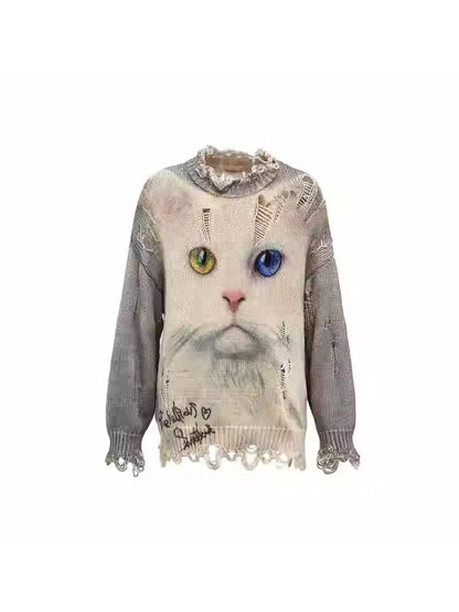 Cat print round neck loose top【s0000011374】