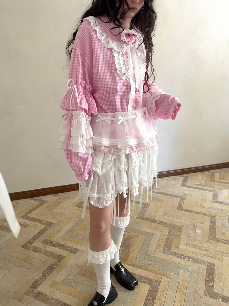 Pink checkered lace trim long-sleeved shirt【s0000012761】