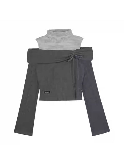 One-shoulder fake two-piece knit top【s0000011278】