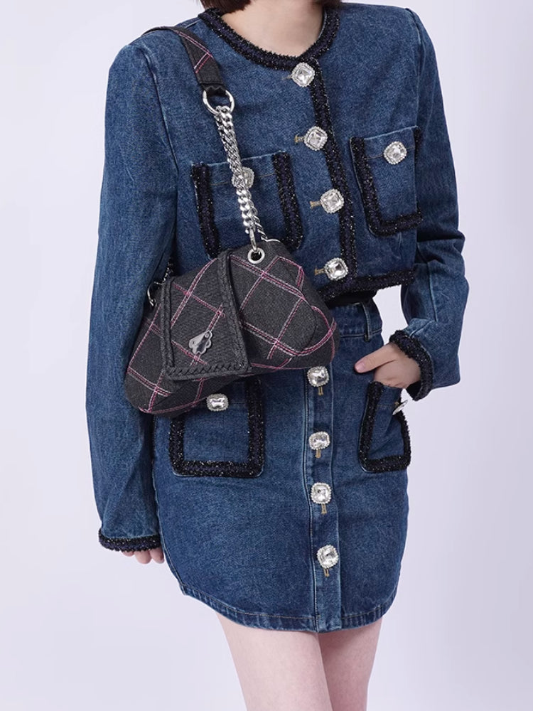 Plaid denim shoulder bag【s0000007317】 