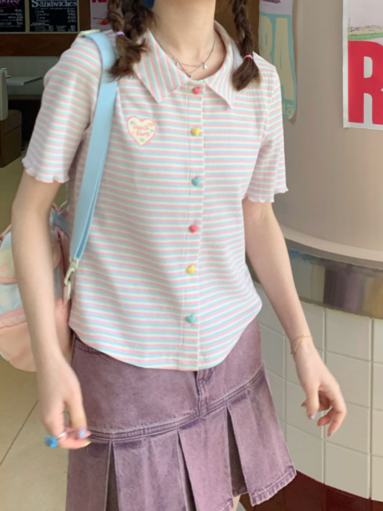 Colorful Knit Stripe Heart Button Short Sleeve T-shirt【s0000002367】