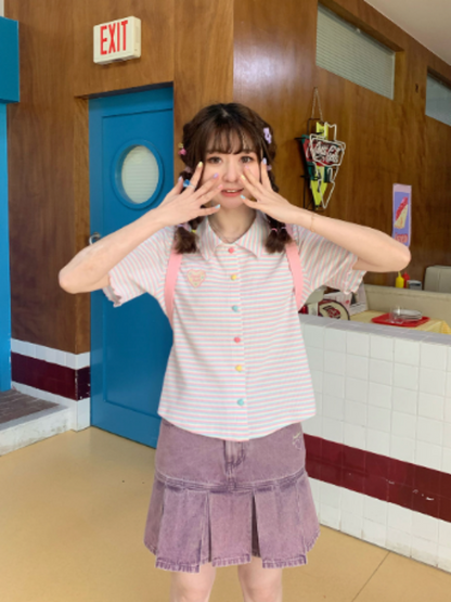 Colorful Knit Stripe Heart Button Short Sleeve T-shirt【s0000002367】