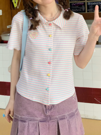 Colorful Knit Stripe Heart Button Short Sleeve T-shirt【s0000002367】