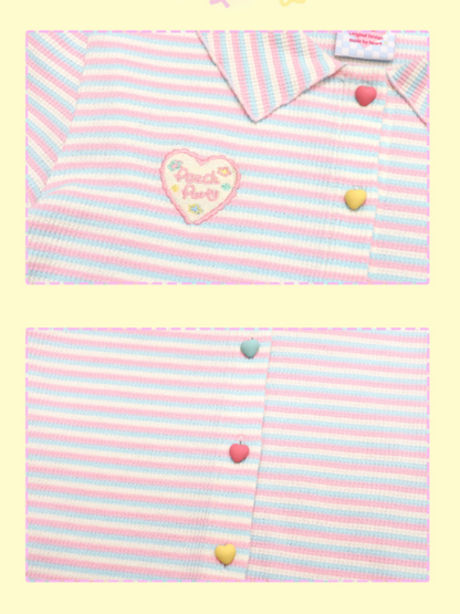 Colorful Knit Stripe Heart Button Short Sleeve T-shirt【s0000002367】