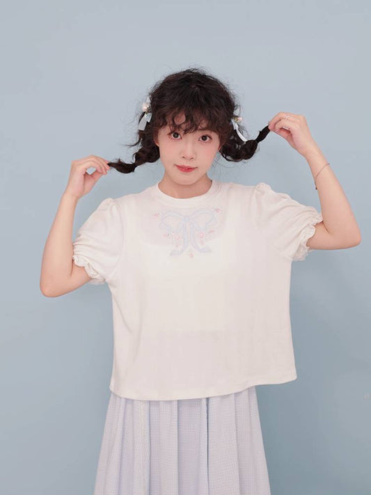 Embroidered puff sleeve T-shirt【s0000009500】