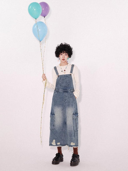 Loose denim suspender skirt【s0000009796】