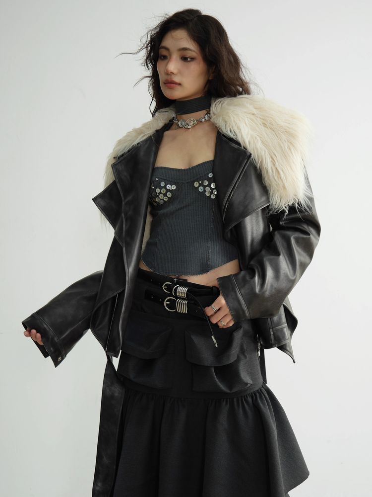 FAKE TWO PIECE PU Leather FUR JACKET [S0000010925]