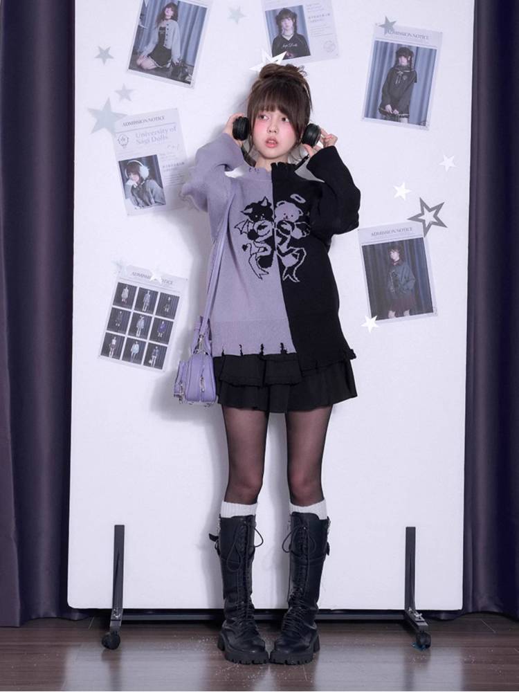 Black and purple loose sweater【s0000011298】