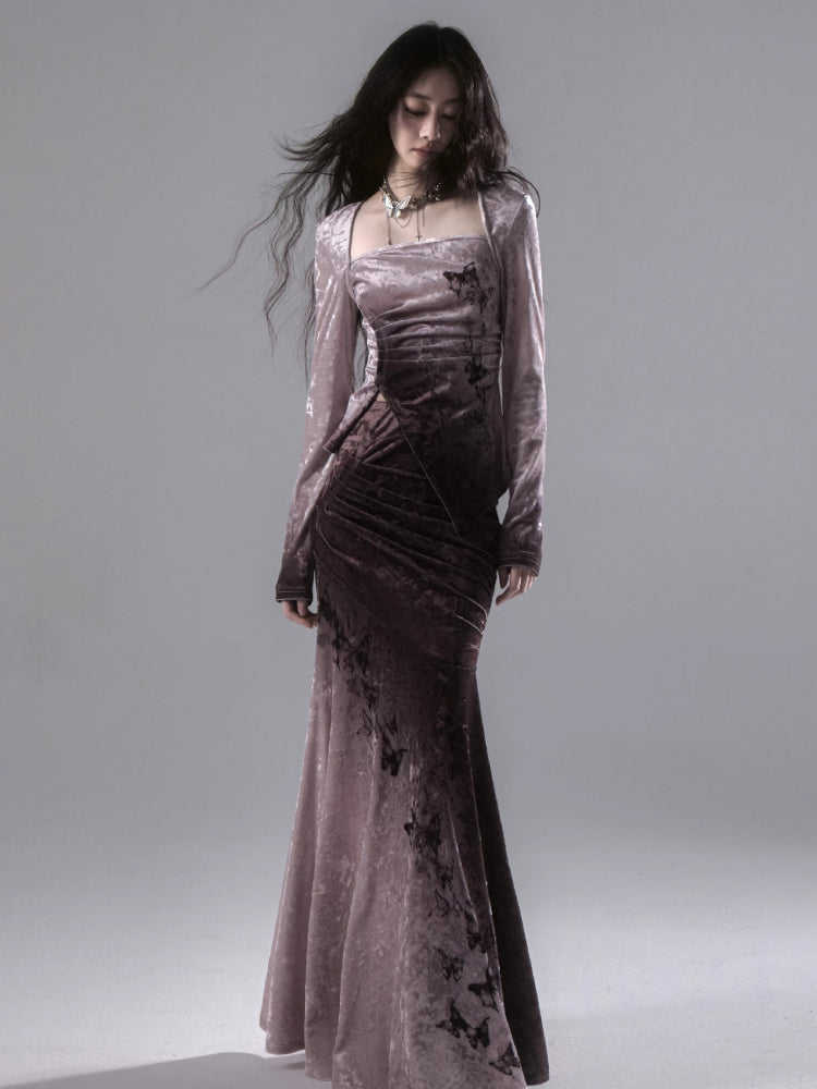 Gradient butterfly velvet top and skirt【s0000006402】