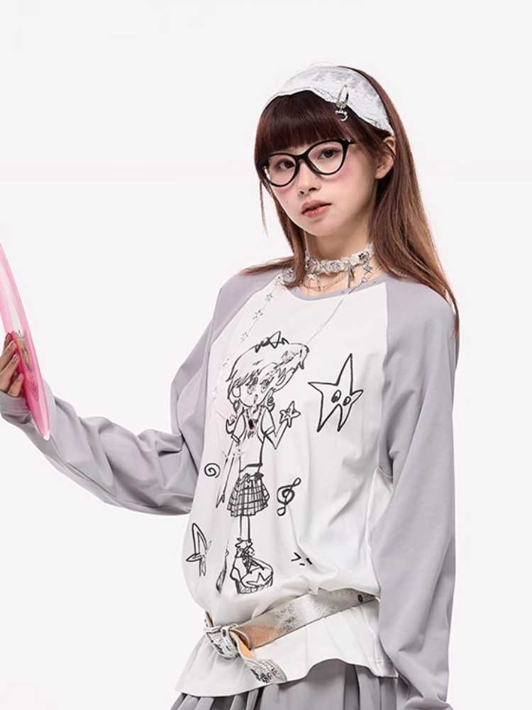 Hand -drawn Girly Print Long-Sleeed T-Shirt [S0000010420]