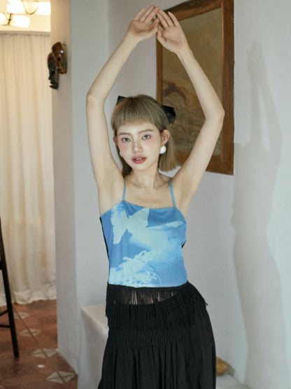 Blue Butterfly Print Mesh Tassel Camisole【s0000001934】