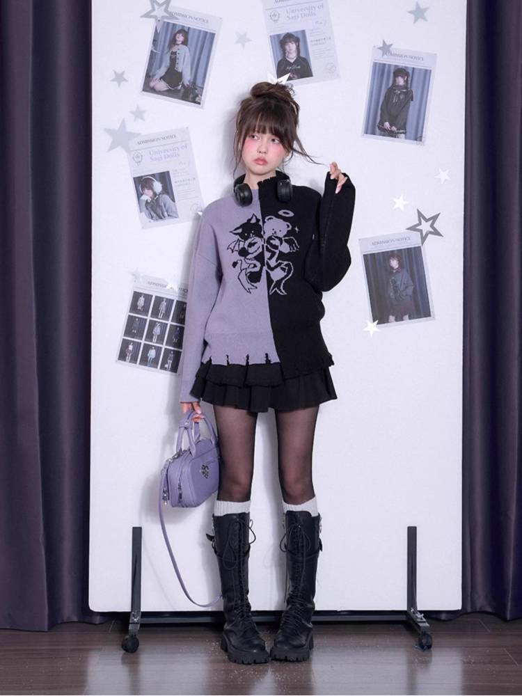 Black and purple loose sweater【s0000011298】