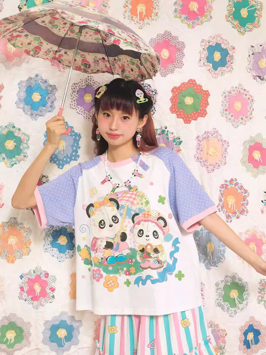 Panda umbrella print loose T-shirt【s0000007676】
