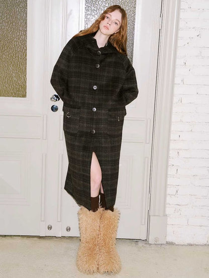 RETRO PLAID HOODED WOOL COAT [S0000010800]