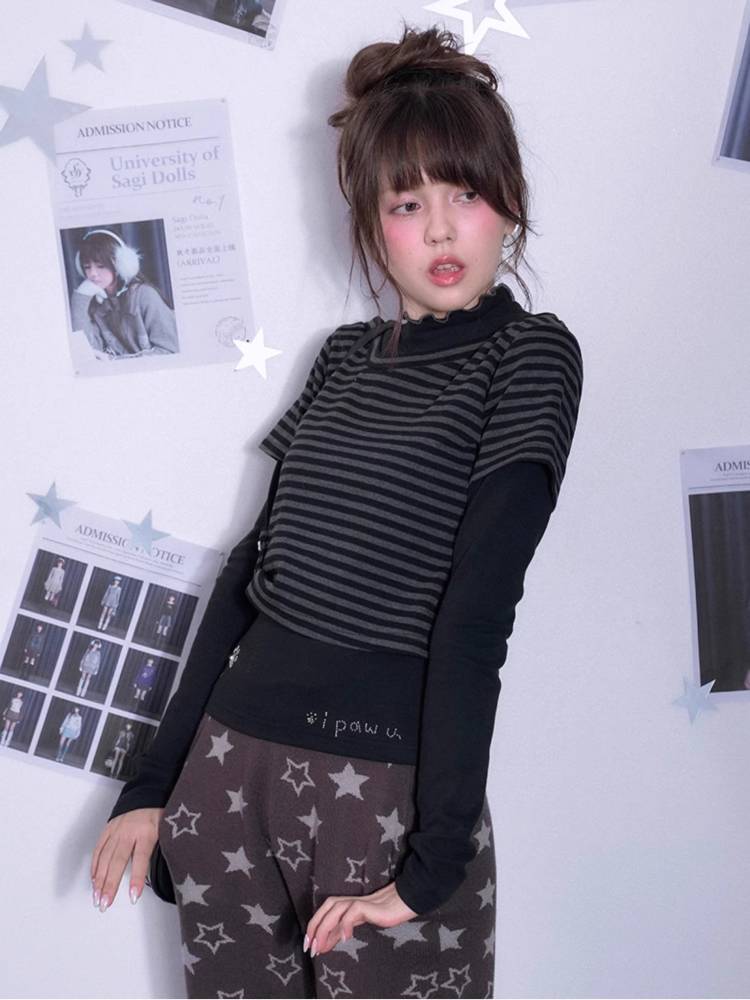 Striped fake two-piece long sleeve T-shirt【s0000011650】