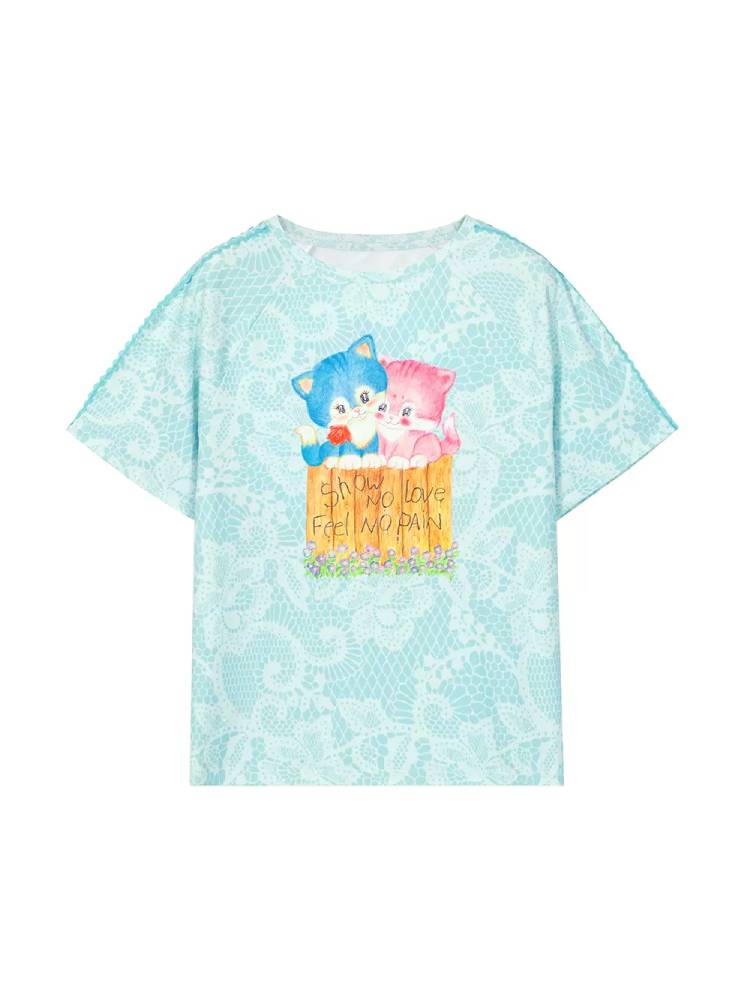 Kitten print off-shoulder tops and oversized loose T-shirt【s0000009524】