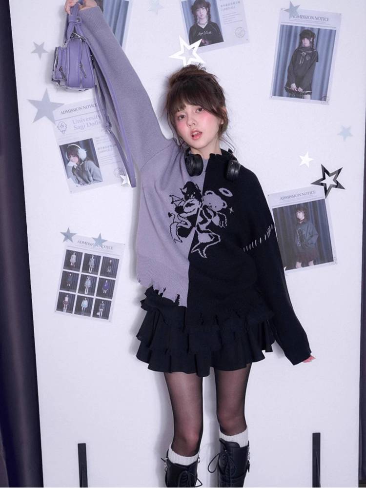 Black and purple loose sweater【s0000011298】