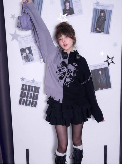 Black and purple loose sweater【s0000011298】