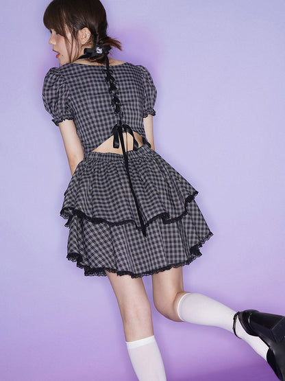 Purple Grid Bowknot Strap Dress【s0000002858】