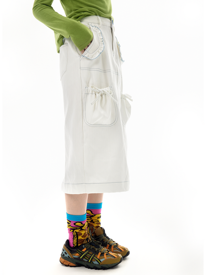 Ruffled Lace Denim Multi Pocket Midi Skirt【s0000011744】