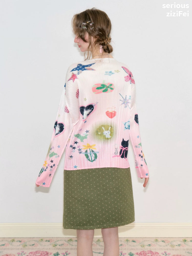 Playful Prints Girly Lazy Pink Pleated Long-Sleeve T-shirt【s0000018752】