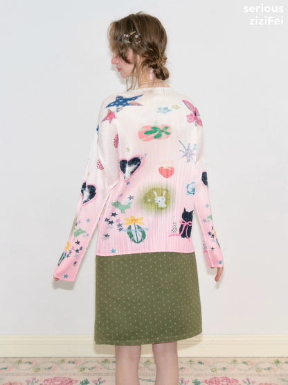 Playful Prints Girly Lazy Pink Pleated Long-Sleeve T-shirt【s0000018752】