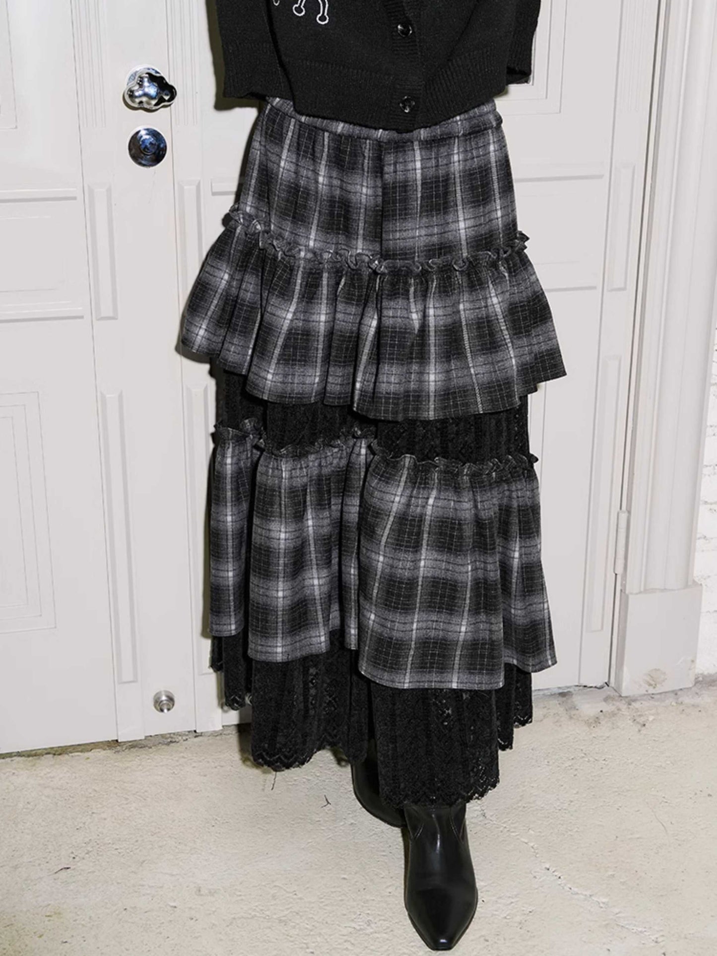 Retro plaid splicing cake skirt【s0000010798】