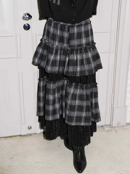 Retro plaid splicing cake skirt【s0000010798】