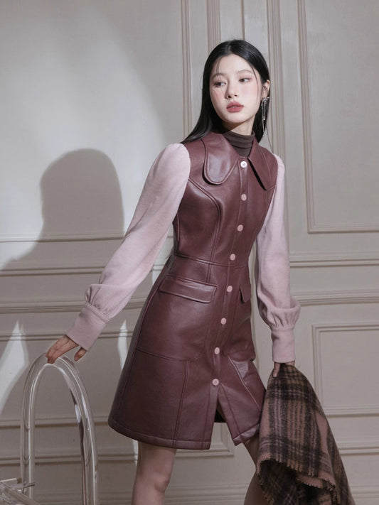 Knit sleeve leather dress【s0000005823】