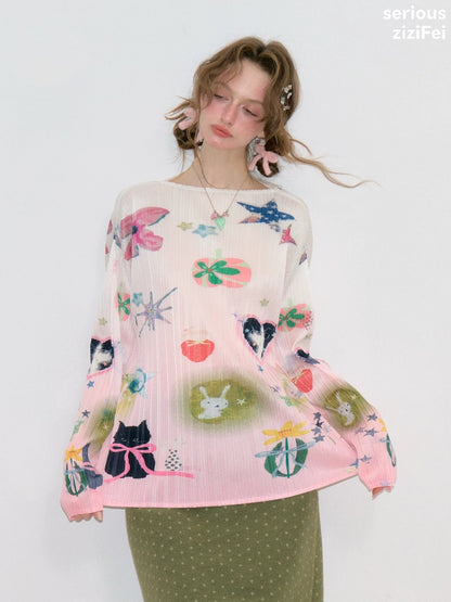 Playful Prints Girly Lazy Pink Pleated Long-Sleeve T-shirt【s0000018752】