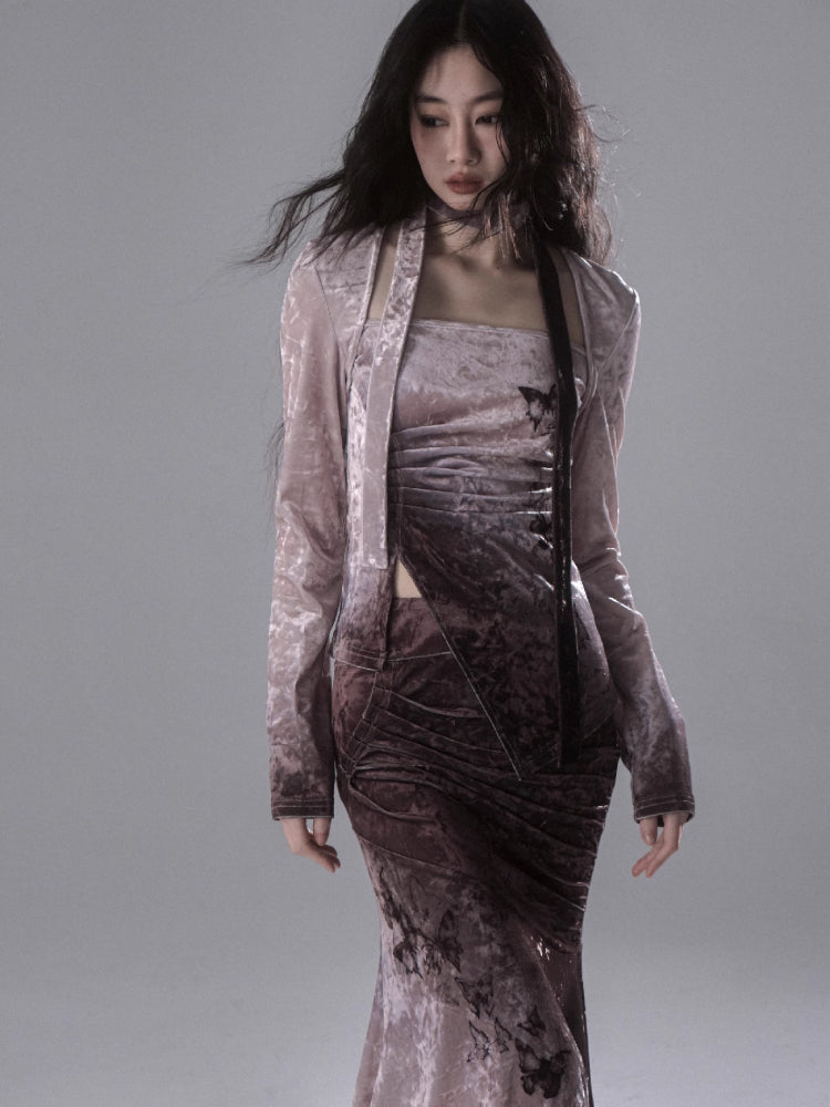Gradient butterfly velvet top and skirt【s0000006402】