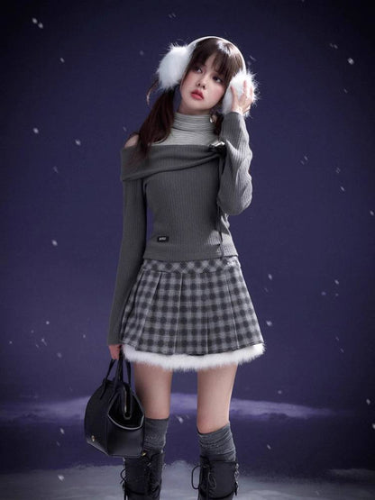 One-shoulder fake two-piece knit top【s0000011278】